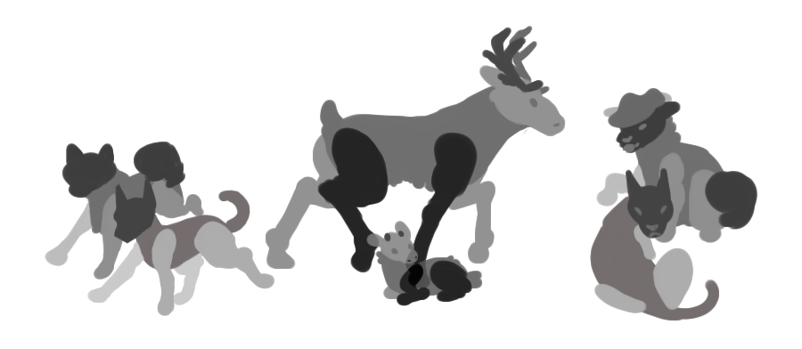 Silhouette group photo of four huskies and two reindeer